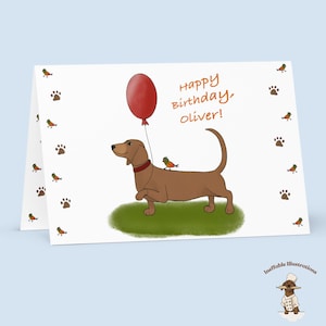 Personalisierte Geburtstagskarte für Dackel Oliver mit Luftballon & süßem Vogel, Grußkarte zum Geburtstag oder für Kinder und Erwachsene