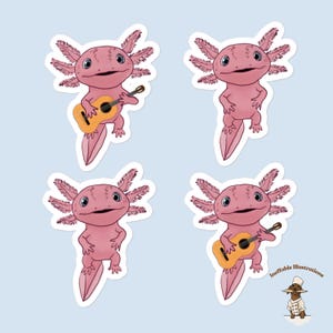 Axolotl Stickers Bubble Free Cute Aquatic Animal Decals 4 Pack with 2 Playing Guitars for Laptop Planner Scrapbook