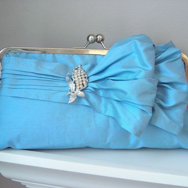 Jasmine Bridal Double-Bow Clutch in Robin's Egg Blue with Vintage Brooch - READY TO SHIP or Customizable in the Color of your Choice