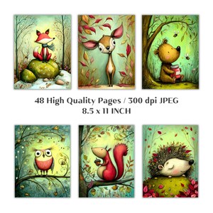 May include: Set of six whimsical art prints featuring woodland animals, including a fox, deer, bear, owl, squirrel, and hedgehog. Each print is a colorful illustration with a soft, painterly style. The prints are 8.5 x 11 inches.