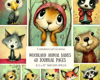 60 Whimsical Woodland Animal Babies Journal Pages, Digital Srapbooking Papers (Digital Download)