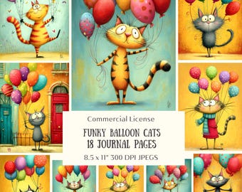 18 Birthday Cats Junk Journals Pages, Colorful Balloon Planner Cover, Digital Papers, Scrapbook Supplies, ATC Cards (Digital Download)