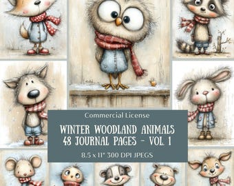 48 Cottagecore Winter Animals Junk Journal Pages, Cozy Christmas Printable, Soft Pencil Sketch Scrapbook, Snowy Forest Kit, Digital Download