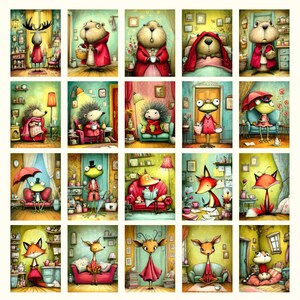 May include: A collection of whimsical illustrations featuring anthropomorphic animals in various domestic settings. Each image showcases a different animal, such as a fox, frog, or hedgehog, engaged in activities like reading or relaxing, with vibrant colors and detailed backgrounds.