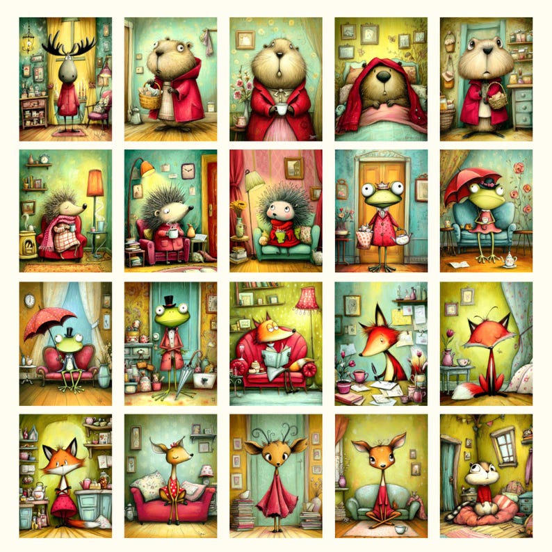 May include: A collection of whimsical illustrations featuring anthropomorphic animals in various domestic settings. Each image showcases a different animal, such as a fox, frog, or hedgehog, engaged in activities like reading or relaxing, with vibrant colors and detailed backgrounds.
