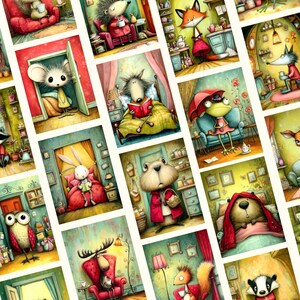 May include: A collection of whimsical illustrations featuring anthropomorphic animals in cozy settings. Each image showcases a different animal, such as a mouse, fox, and owl, engaged in activities like reading or relaxing in a room. The artwork has a storybook style.