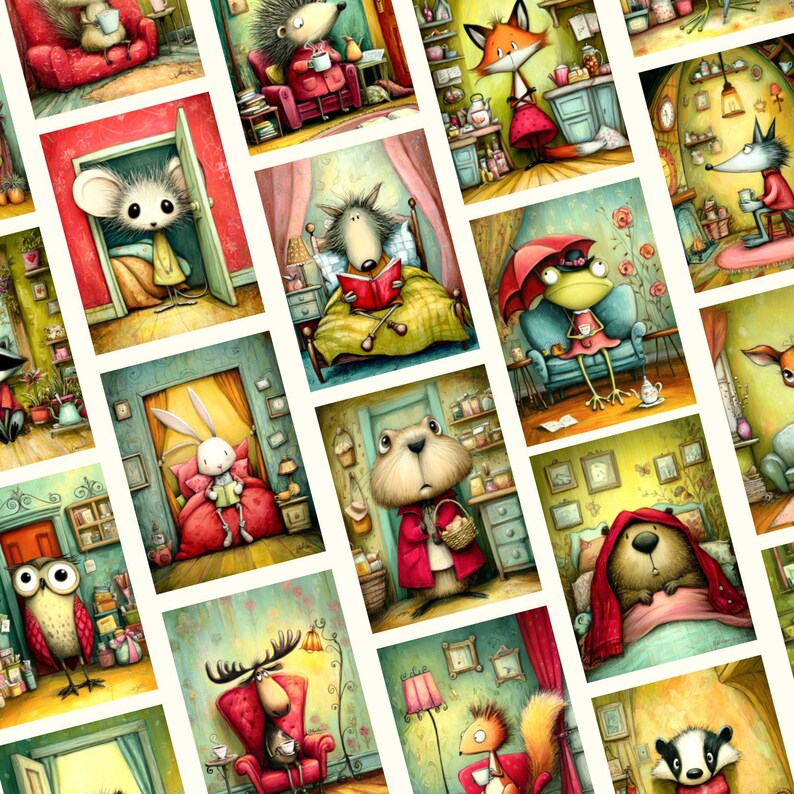 May include: A collection of whimsical illustrations featuring anthropomorphic animals in cozy settings. Each image showcases a different animal, such as a mouse, fox, and owl, engaged in activities like reading or relaxing in a room. The artwork has a storybook style.