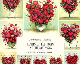 12 Whimsical Red Rose Hearts Journal Pages – Romantic Valentine Scrapbook Paper (Digital Download)