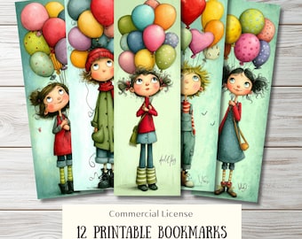 12 Kids Balloon Bookmarks, Printable Storybook Bookmark PNG for Book Lover, Kids Reading Craft & Bookish Gifts (Digital Download)