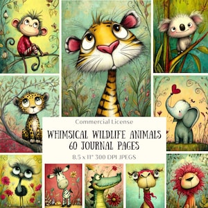 May include: A collection of whimsical animal illustrations, including a monkey, tiger, koala, cheetah, elephant, ostrich, zebra, crocodile, camel, and lion. The artwork is colorful and features a variety of animals in a cartoon style. The text reads "WHIMSICAL WILDLIFE ANIMALS 60 JOURNAL PAGES 8.5 x 11" 300 DPI JPEGS."