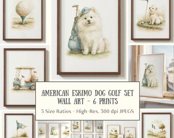 Vintage Golf Nursery Prints Set of 6, American Eskimo Dog Wall Art Boys Room, White Spitz Puppy Digital Watercolor Sports Playroom Decor