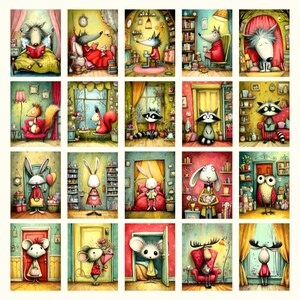 May include: A collection of 18 whimsical watercolor illustrations featuring anthropomorphic animals in various domestic settings. Each image showcases a different animal, such as a wolf, rabbit, or raccoon, engaged in activities like reading or relaxing.