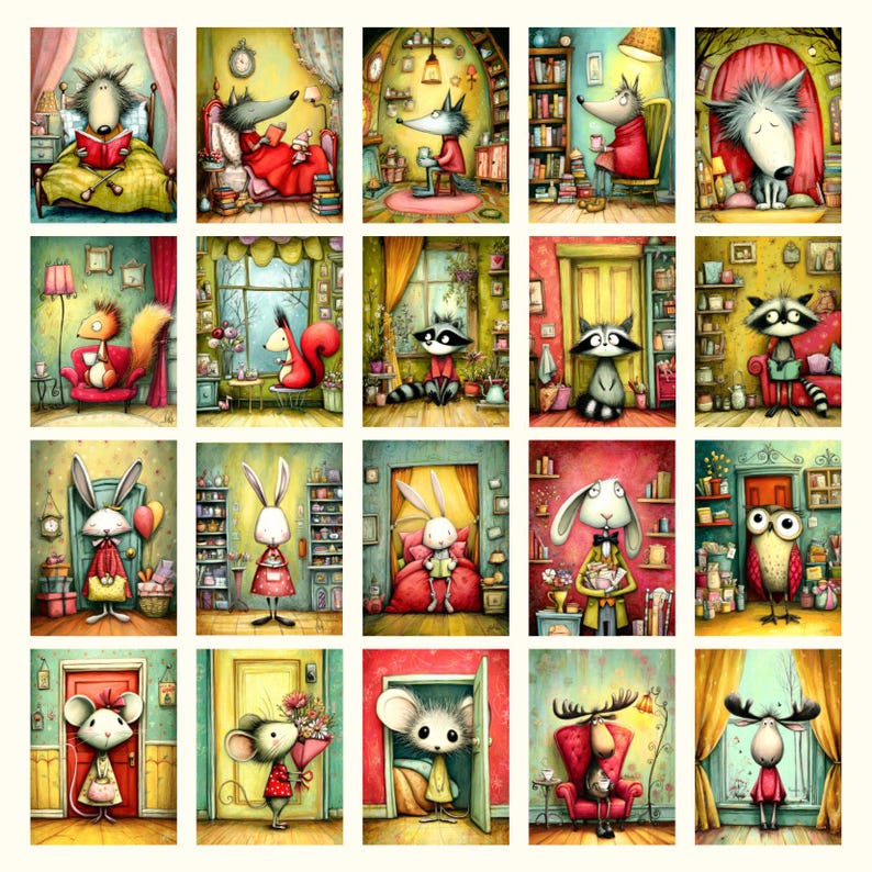 May include: A collection of 18 whimsical watercolor illustrations featuring anthropomorphic animals in various domestic settings. Each image showcases a different animal, such as a wolf, rabbit, or raccoon, engaged in activities like reading or relaxing.