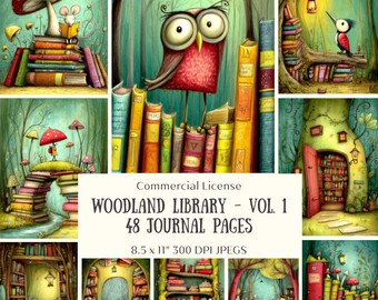48 Woodland Library Journal Pages Vol. 1, Folk Art Scrapbook, Enchanted Forest Printable, Magic Bookshelf Junk Journal, Digital Download