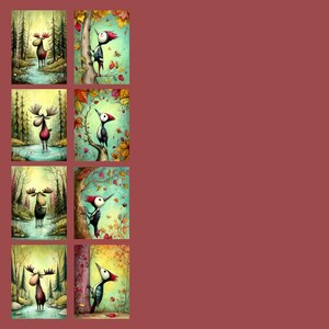 May include: A collection of six whimsical art prints featuring forest scenes with moose and woodpeckers. The moose are depicted in various settings, including a stream and a forest path. The woodpeckers are shown on trees with autumn leaves.