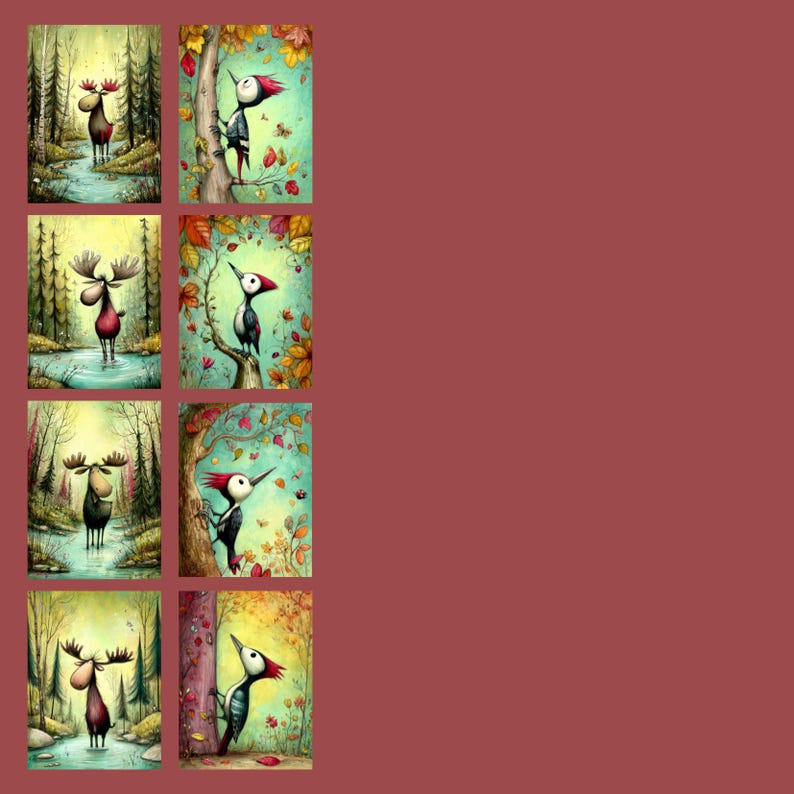 May include: A collection of six whimsical art prints featuring forest scenes with moose and woodpeckers. The moose are depicted in various settings, including a stream and a forest path. The woodpeckers are shown on trees with autumn leaves.