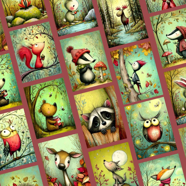May include: A collection of whimsical illustrations featuring woodland animals in a colorful forest setting. Each image showcases a different animal, such as a squirrel, raccoon, and owl, in a charming, storybook style. The artwork is set against a burgundy background.
