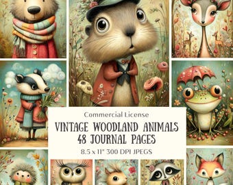 48 Vintage Woodland Animals Journal Pages, Cottagecore Scrapbook Paper (Digital Download)