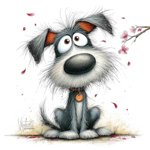 May include: A cartoon illustration of a dog with a large black nose, big eyes, and shaggy fur. The dog is sitting with a red collar and tag, with pink flower petals falling around it. The artwork has a whimsical style.