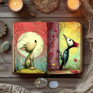 May include: An open book with colorful illustrations of a wolf looking at the moon and a woodpecker on a tree. The book is on a wooden surface, with candles and decorative items around it.