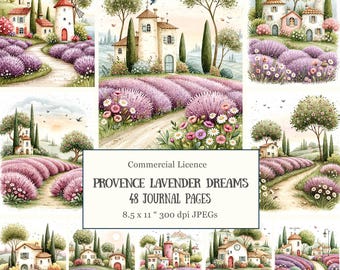 48 Provence Lavender Fields Junk Journal Pages • Dreamy French Cottagecore Landscapes • Whimsical Houses for Scrapbook Supplies