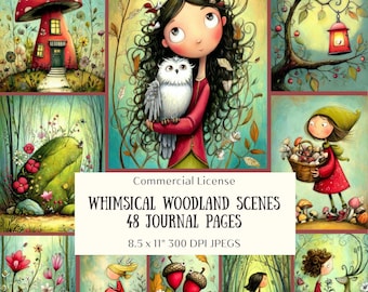 48 Whimsical Forest Scenes Journal Pages, Folk Art Girls Printable, Fairy Tale Illustration Kit, Magical Fantasy Printable, Digital Download