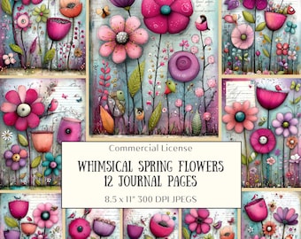 12 Whimsical Spring Flowers Junk Journal Pages • Printable Folk Art Floral • Vintage Script • Pink Purple Scrapbook Paper Pack 8.5x11