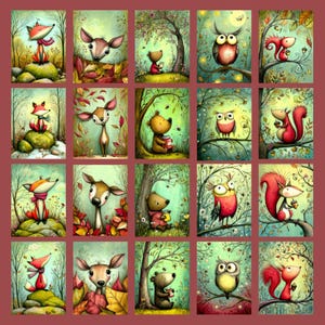 May include: A collection of 18 whimsical art prints featuring woodland animals. Each print showcases a different animal, including foxes, deer, bears, owls, and squirrels, in a colorful, illustrated style. The artwork is set against a backdrop of trees and foliage.
