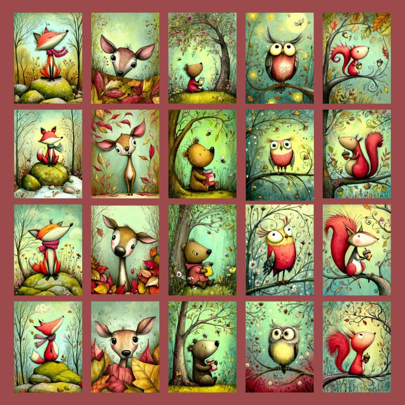 May include: A collection of 18 whimsical art prints featuring woodland animals. Each print showcases a different animal, including foxes, deer, bears, owls, and squirrels, in a colorful, illustrated style. The artwork is set against a backdrop of trees and foliage.