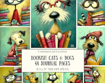 48 Bookish Cats Dogs Journal Pages, Whimsical Printable Paper Pack (Digital Download)