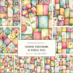 48 Whimsical Patchwork Flower Junk Journal Pages • Pastel Folk Art Florals • Spring Scrapbook Pages • Mixed Media Collage Inspiration