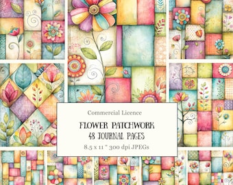 48 Whimsical Patchwork Flower Junk Journal Pages • Pastel Folk Art Florals • Spring Scrapbook Pages • Mixed Media Collage Inspiration