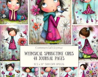 48 Whimsical Springtime Girls Junk Journal Pages • Pink Shabby Chic Folk Art Illustrations, Printable Scrapbook Paper (Digital Download)