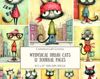 12 Urban Fashion Cats Junk Journal Kit • Trendy Whimsical Cat Illustrations for Creative Journals & Scrapbooking