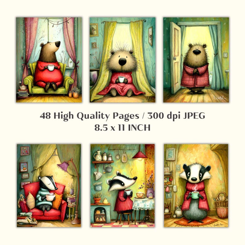 May include: A collection of six whimsical watercolor illustrations featuring anthropomorphic animals enjoying cozy indoor settings. Each image showcases a bear, beaver, or badger holding a cup. The text reads "48 High Quality Pages / 300 dpi JPEG 8.5 x 11 INCH".