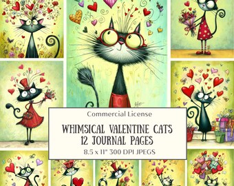 12 Whimsical Valentine Cats Journal Pages, Storybook Digital Papers, Scrapbooking (Digital Download)