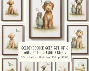Vintage Golf Nursery Prints Set of 6, Goldendoodle Puppy in Cream, Apricot & Chocolate, Wall Art Boys Room, Digital Watercolor Sports