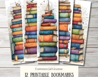 12 Stacked Books Printable Bookmarks PNG PDF | Vintage Literary Charm | Cozy Reading Accessories | Autumnal Whimsy | Bookish Gifts