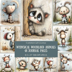 Puede incluir: Una colección de ilustraciones caprichosas de animales del bosque, incluyendo un mapache, un conejo y un zorro. La imagen presenta una variedad de dibujos al estilo acuarela con colores suaves y una estética de ensueño. El texto en la imagen dice "WHIMSICAL WOODLAND ANIMALS 48 JOURNAL PAGES 21,6 x 27,9 cm 300 DPI JPEGS."