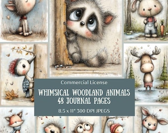 48 Cottagecore Woodland Animal Junk Journals Pages, Cute Nursery Digital Paper Pack, Soft Watercolor Scrapbooking (Digital Download)