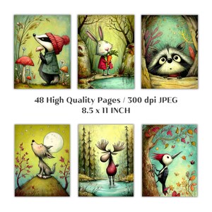 May include: A collection of six whimsical art prints featuring woodland animals in a forest setting. Each print showcases a different animal, including a badger, rabbit, and raccoon. The prints are 8.5 x 11 inches and include the text "48 High Quality Pages / 300 dpi JPEG".