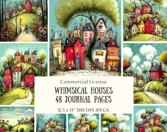 48 Whimsical Houses Junk Journals Pages, Nursery Digital Paper Pack, Scrapbooking, ATC Cards (Digital Download)
