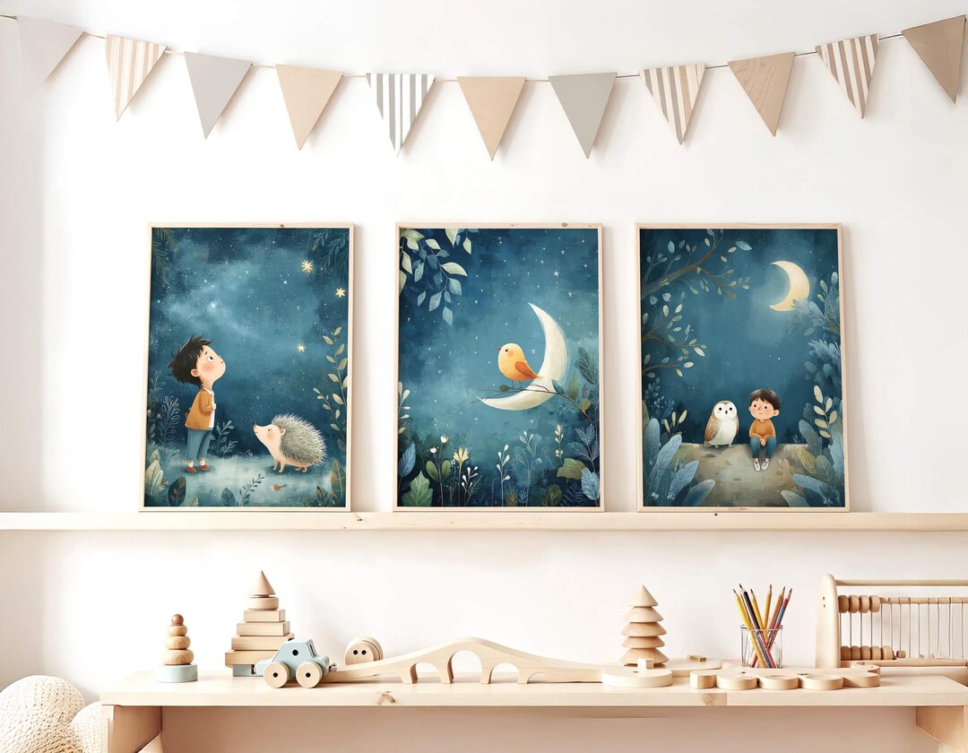 Woodland Night Sky Wall Art Set of 3 – Moon & Stars Nursery Prints ...
