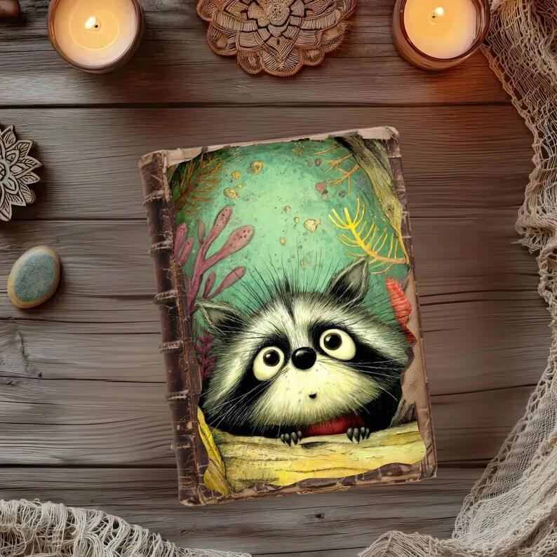 May include: A vintage-style book with a raccoon illustration on the cover. The raccoon has large, expressive eyes and a black and white face. The background is a teal color with colorful plants. The book is on a wooden surface with candles and decorative items.
