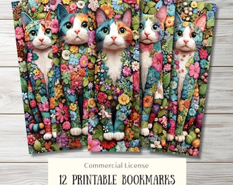 12 Whimsical Floral Cat Bookmarks, Printable Bookmark PNG PDF – Colorful Cat Lover Gift for Srapbooking or Junk Journal, Digital Download