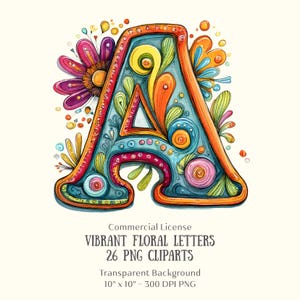 Könnte beinhalten: Ein lebendiger, aquarellartiger Buchstabe "A" mit floralem Design. Der Buchstabe ist türkis mit orangefarbenen, gelben und rosa Akzenten. Das Bild enthält den Text "VIBRANT FLORAL LETTERS 26 PNG CLIPARTS". Das Bild ist 25,4 cm x 25,4 cm groß.