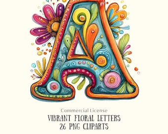 26 Floral Letters Alphabet PNG Clipart – Watercolor Monogram SVG and Doodle Font for Junk Journal, Scrapbooking, Card Making, Commercial Use