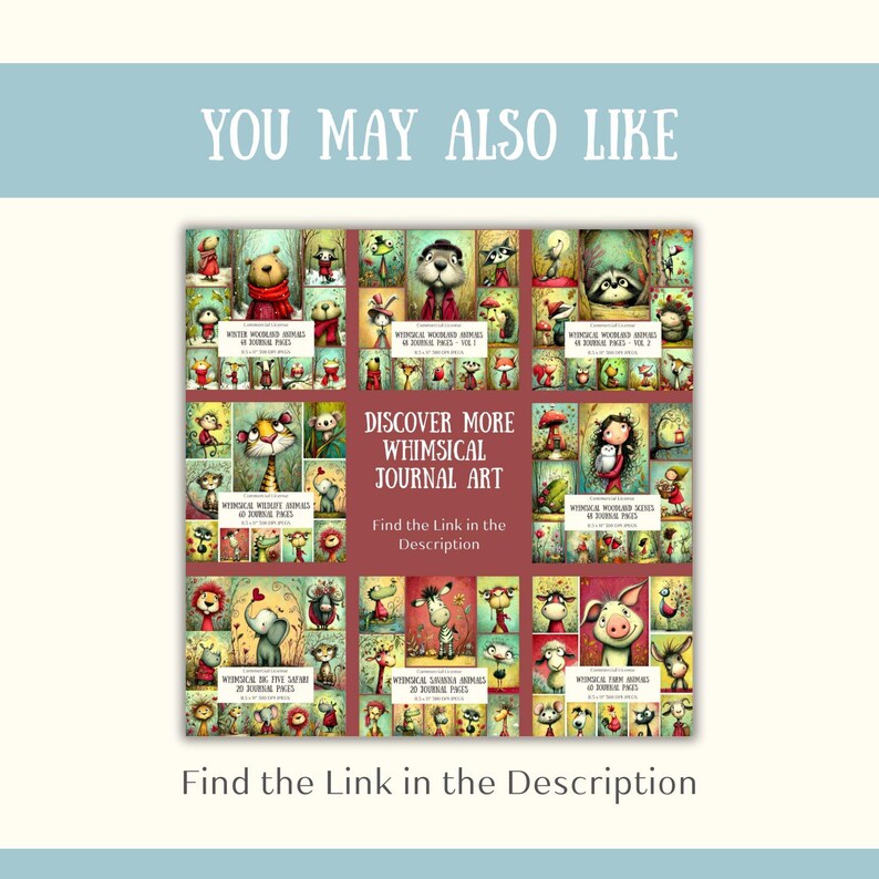 May include: A collection of whimsical journal art featuring various woodland animals and scenes. The image includes text that reads "Discover More Whimsical Journal Art" and "Find the Link in the Description."