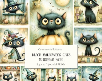 48 Enchanted Black Cat Halloween Junk Journal Pages • Whimsical Autumn Folk Art • Cozy Fall Scrapbook • Witchy Storybook Halloween Ephemera