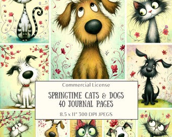 Può includere: Una collezione di illustrazioni fantasiose con gatti e cani con accenti floreali. L'opera d'arte comprende una varietà di razze e pose, con una tavolozza di colori tenui. Il testo recita "SPRINGTIME CATS & DOGS 40 JOURNAL PAGES 8.5 x 11" 300 DPI JPEGS".